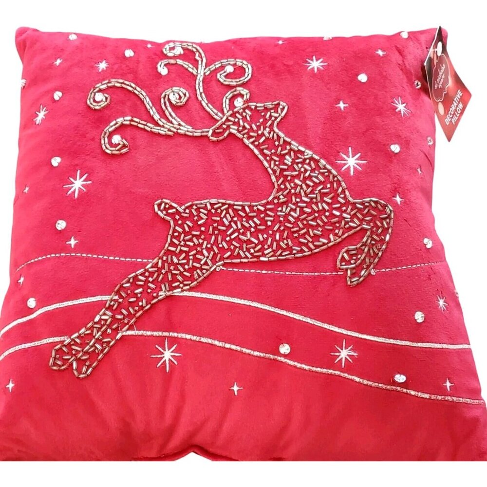 NEW St. Nicholas Square Beaded Reindeer Christmas Decor Red Pillow 12" X 12"